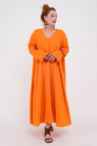 EREN STYLE Italian V-neck Long Sleeve Linen Dress