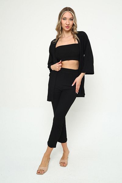 hidafashion Women's Black Wrap Kimono Pants Set – Wide Leg High Waist Crew Neck