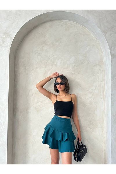 İntive Lingerie Petrol Green Flounce Ruffle Detailed High Waist Mini Skirt