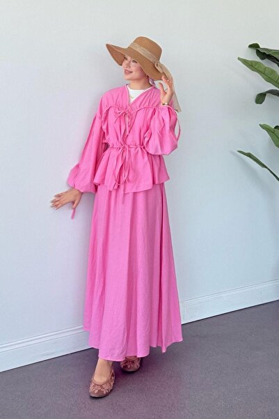 Şulemoda Giyim Costum cu fustă cu șnur roz