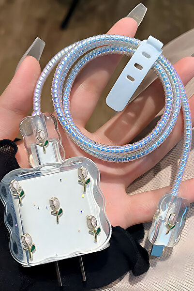 Fibaks 18W/20W Uyumlu Lale Desenli Şarj Aleti Koruyucu Şarj Kablosu Örme Aparatlı Koruyucu Toparlayıcı