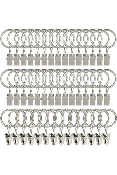LEAXOR Set 30 Metallic Curtain Rings with Clips, LEAXOR, 38mm, Silver