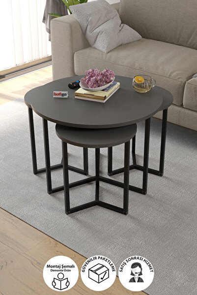 Bofigo 4lü Orta Sehpa Yan Sehpa Dekoratif Sehpa Metal Sehpa Yonca Antrasit