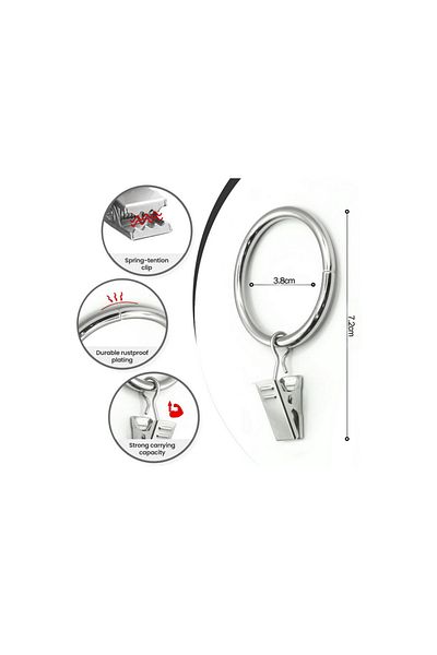 LEAXOR Set 30 Metallic Curtain Rings with Clips, LEAXOR, 38mm, Silver