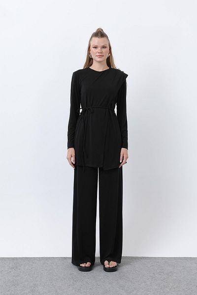 Puane Women's Shoulder Button Detailed Double Breasted Tunic Trousers Suit 14341Tks