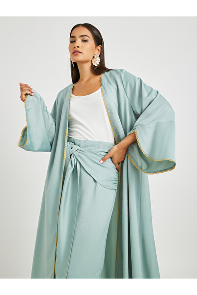 Keenly By Styli Solid Bell Sleeve Open Front Abaya and Twisted Waist Skirt Set
