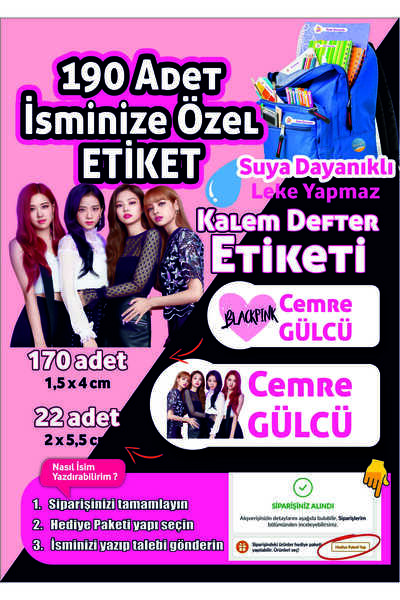 Joyygift BlackPink Okul Etiketi Kalem,Defter,Matara,Kalem kutusu,Beslenme çantası için Sticker İsim Etiketi