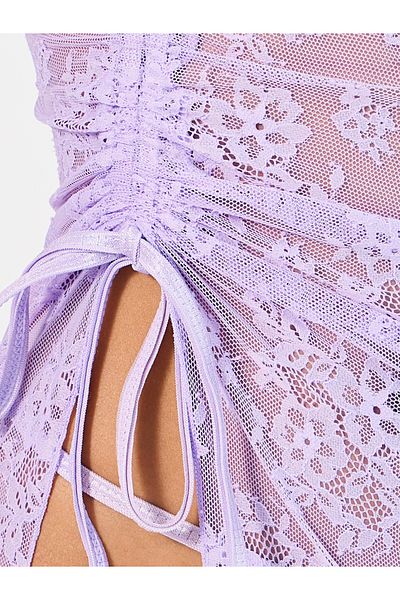 Styli All Over Lace Ruched Tie High Slit Slip Dress and Thong Set