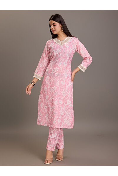 DW By Styli Floral Printed Linen Straight Kurta and Trousers Set