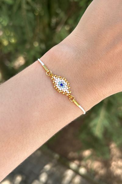 White Jewelry Design سوار عين الشر مصنوع يدويًا من خرز ميوكي - حبل جلدي قابل للتعديل