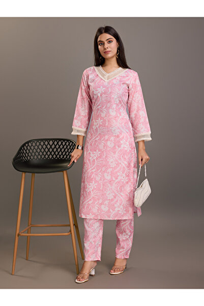 DW By Styli Floral Printed Linen Straight Kurta and Trousers Set