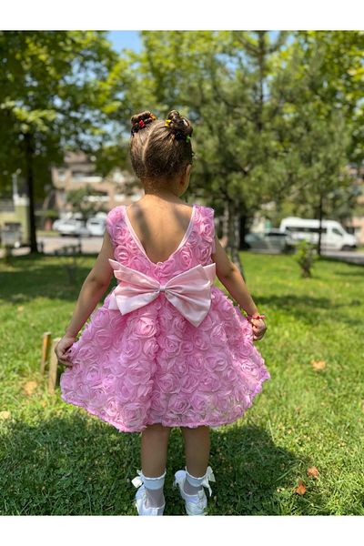 Minizade Baby Girl Kid's Short Sleeve Rose Back Detail Bow Special Occasion Birthday Party Wedding Dress