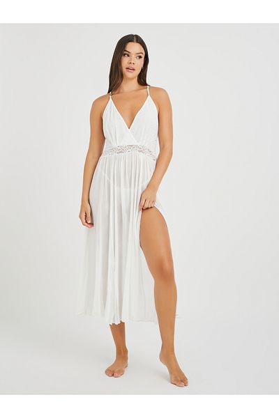 Styli Sequin Detail High Slit Mesh Slip Dress with Briefs