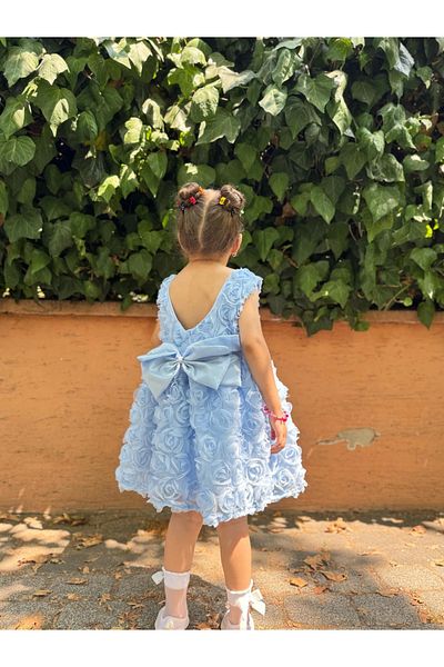 Minizade Baby Girl Kid's Short Sleeve Rose Back Detail Bow Special Occasion Birthday Party Wedding Dress