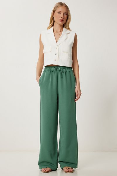 Lovelyİstanbul Wide Leg Linen Trousers Ldp0071 Dark Green