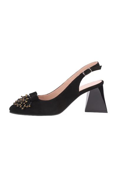 LIZETT SHOES Stiletto shoes with natural suede leather, black with gold accessory and buckle