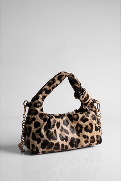 DENSİLA Women's Tan Leopard Patterned Mini Chain Hand and Shoulder Bag