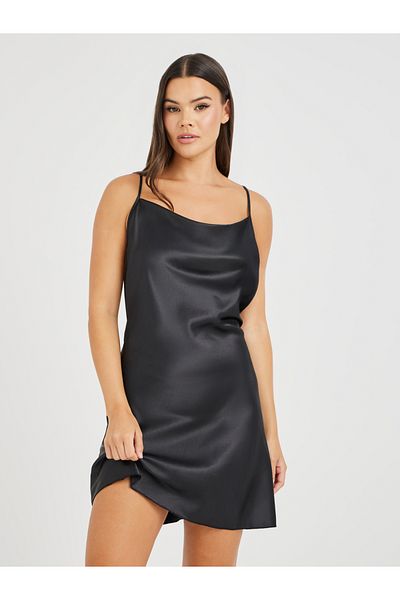 Styli Cowl Neck Satin Slip Dress with Back Butterfly Pattern