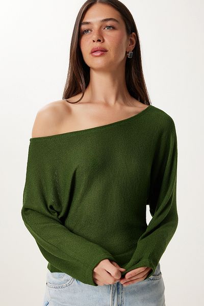 Lovelyİstanbul Boat Neck Seasonal Knitwear Blouse Lub0133 Khaki