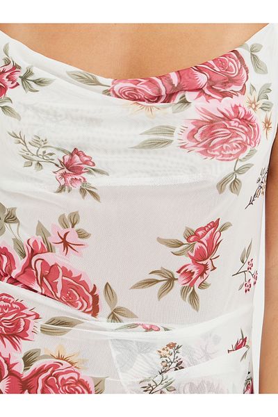 Styli All-Over Floral Print Cowl Neck Slip Dress with High Slit