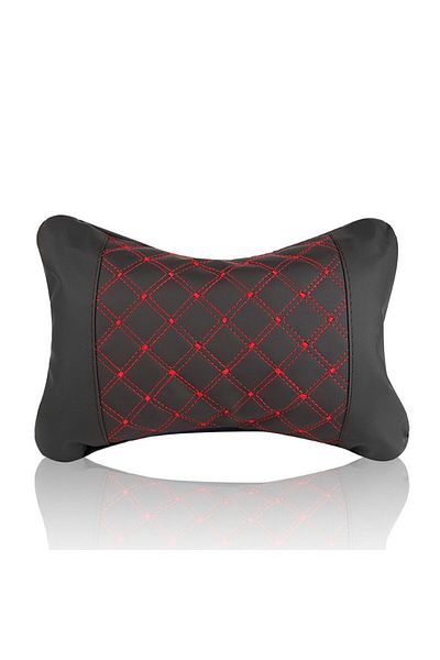 REDz Accessories Car Headrest Pillow with Red Stitching, Super Comfortable, -Leather, Black