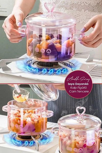 Anadolu Saray Heat Resistant Borosilicate Pink Heart Figured Glass Pot Thermisil Cooktop Pot 1500L