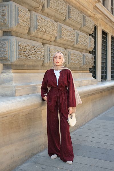LOCCO Women's Stone Detailed Double Suit Claret Red