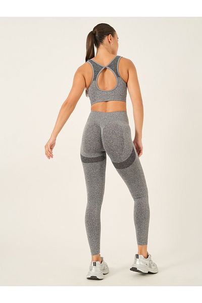 Styli Seamless Back Teardrop Cut Out Sports Bra and Jacquard Leggings Set