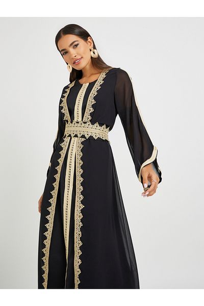 Keenly By Styli Lace Trim Front Open Belted Abaya and Inner Dress Set