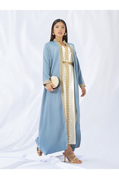 Styli Lace Trim Collared Belted Satin Abaya with Inner Dress