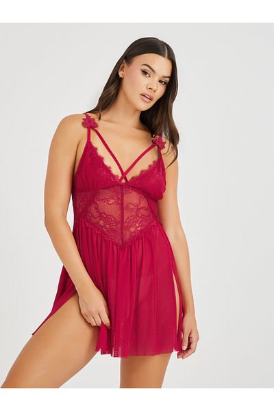 Styli Lace Mesh Double Slit Asymmetric Hem Babydoll