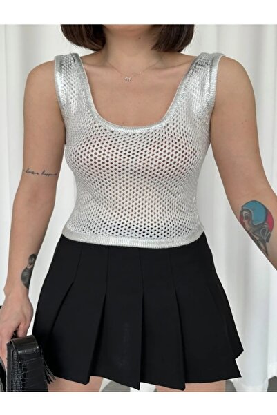 My Blog Ecru-Silver Foil Print Openwork Undershirt - 4272