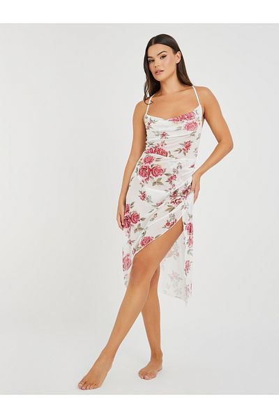 Styli All-Over Floral Print Cowl Neck Slip Dress with High Slit