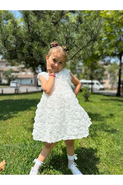 Minizade Baby Girl Kid's Short Sleeve Rose Back Detail Bow Special Occasion Birthday Party Wedding Dress