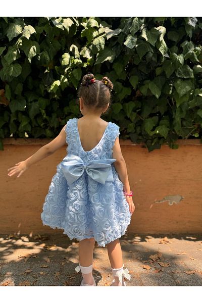 Minizade Baby Girl Kid's Short Sleeve Rose Back Detail Bow Special Occasion Birthday Party Wedding Dress