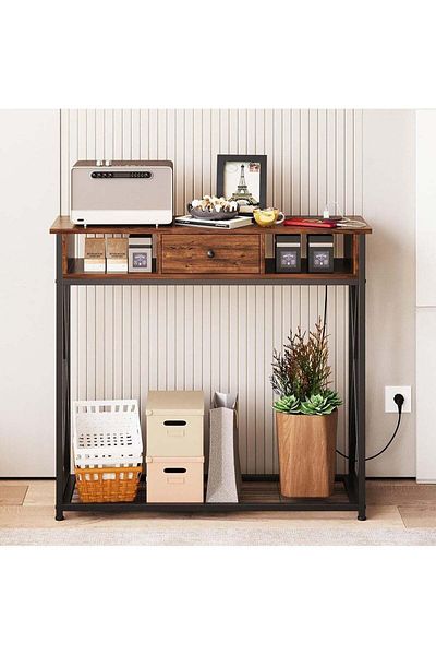 AGD Modern Entryway Coffee Table 100x30x90cm with Storage Shelf and Power Outlet, Side Table for Living
