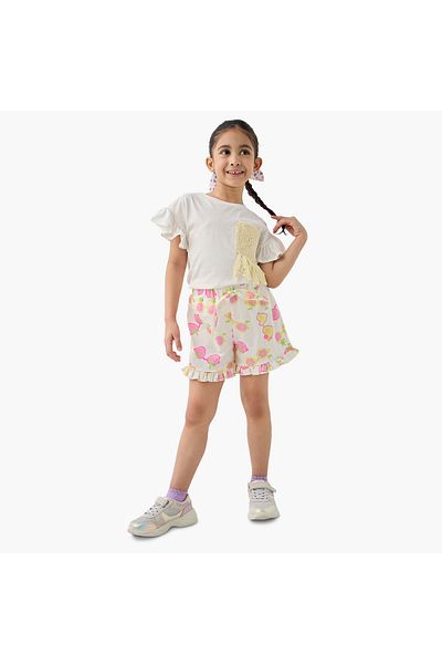 Juniors Graphic Print Shorts with Drawstring Closure and Ruffle Hem