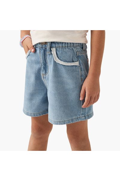 Juniors Solid Denim Shorts with Button Closure and Lace Detail