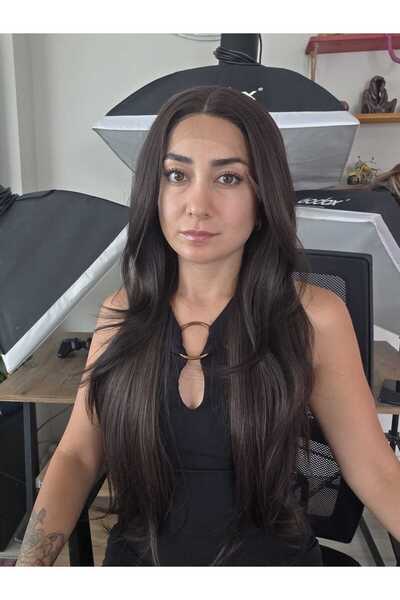 Kuzimor Gerçek Saç Dokusunda Sentetık Tül Peruk Kahverengi Katlı Kesim 65