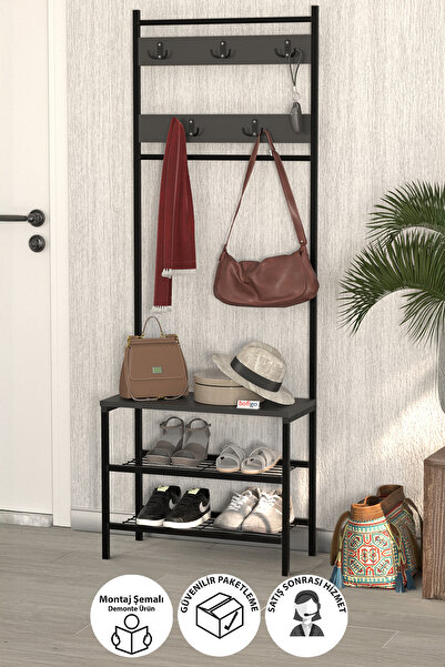 Bofigo 3 Raflı Metal Portmanto Elbise Askılığı Vestiyer Ayakkabılık Samanyolu Antrasit