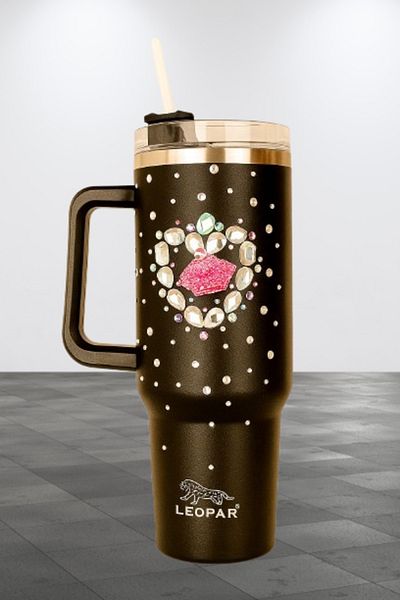 Elista 1.2 Liter Steel Thermos with Straw and Handle Black with Stone Embroidered on Color