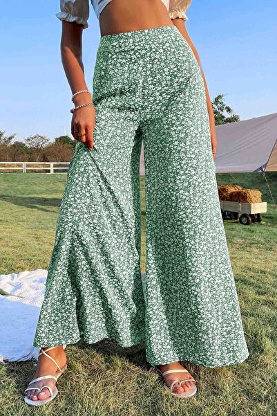 Merry See Floral Patterned Wide Leg High Waist Woven Trousers