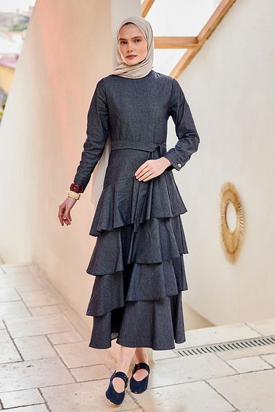 LOCCO Women's Skirt Flounced Denim Look Dress Navy Blue