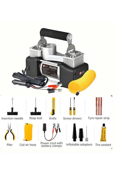 Biki Heavy Duty Dual Cylinder Air Compressor - 150 PSI, DC 12V, Fast and Simple for Outdoor Use