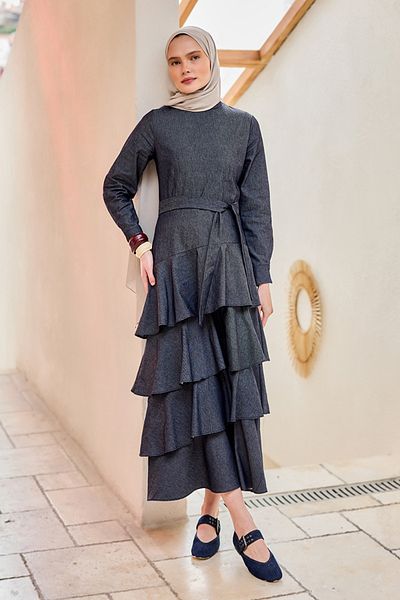 LOCCO Women's Skirt Flounced Denim Look Dress Navy Blue