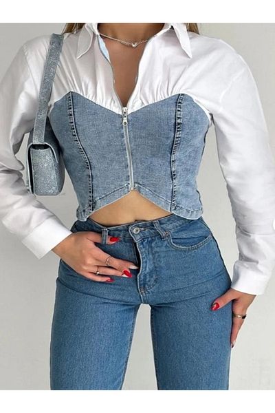 My Blog Cămașă albă cu aspect de corset din denim