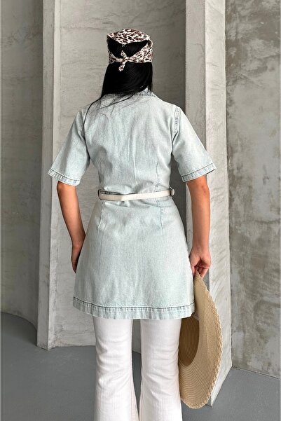 DESTEMODA Women's Shirt Collar Denim Tunic Front Two Pockets Tunic Ice Blue 4507