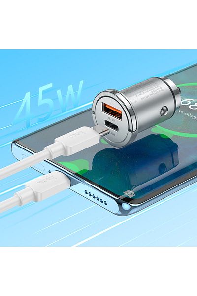 REDz Accessories Set de încărcare auto, iPhone 15/16 și Android, Hoco NZ10 + cablu Type-C 1m, încărcare rapidă 45W, argintiu