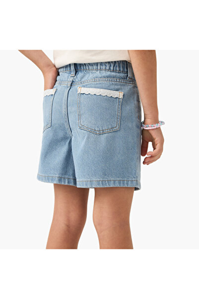 Juniors Solid Denim Shorts with Button Closure and Lace Detail