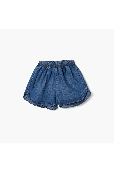Juniors Solid Denim Shorts with Ruffle Detail